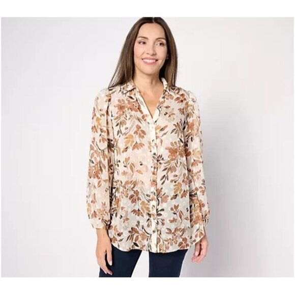 Susan Graver Sheer Woven Clip Dot Button Front Tunic Copper/Ivory S A626990 - Picture 1 of 3